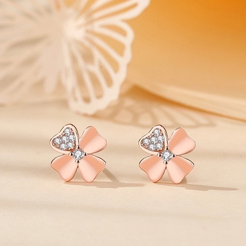 1 Pair Minimalist Heart Shape Flower Inlay Sterling Silver Zircon Ear Studs