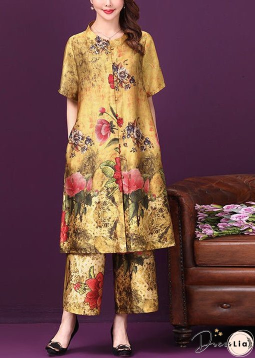 Yellow Stand Collar Pockets Floral Print Silk Two Pieces Set Short Sleeve