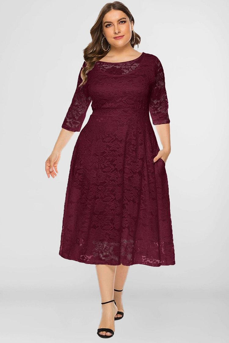 Plus Size Mother Of The Bride Red Lace Pocket Round Neck 3/4 Sleeve Tunic Tea-Length Dress  Flycurvy [product_label]