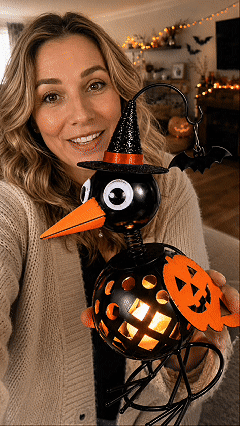 Wrought Iron Crow and Pumpkin Ornament