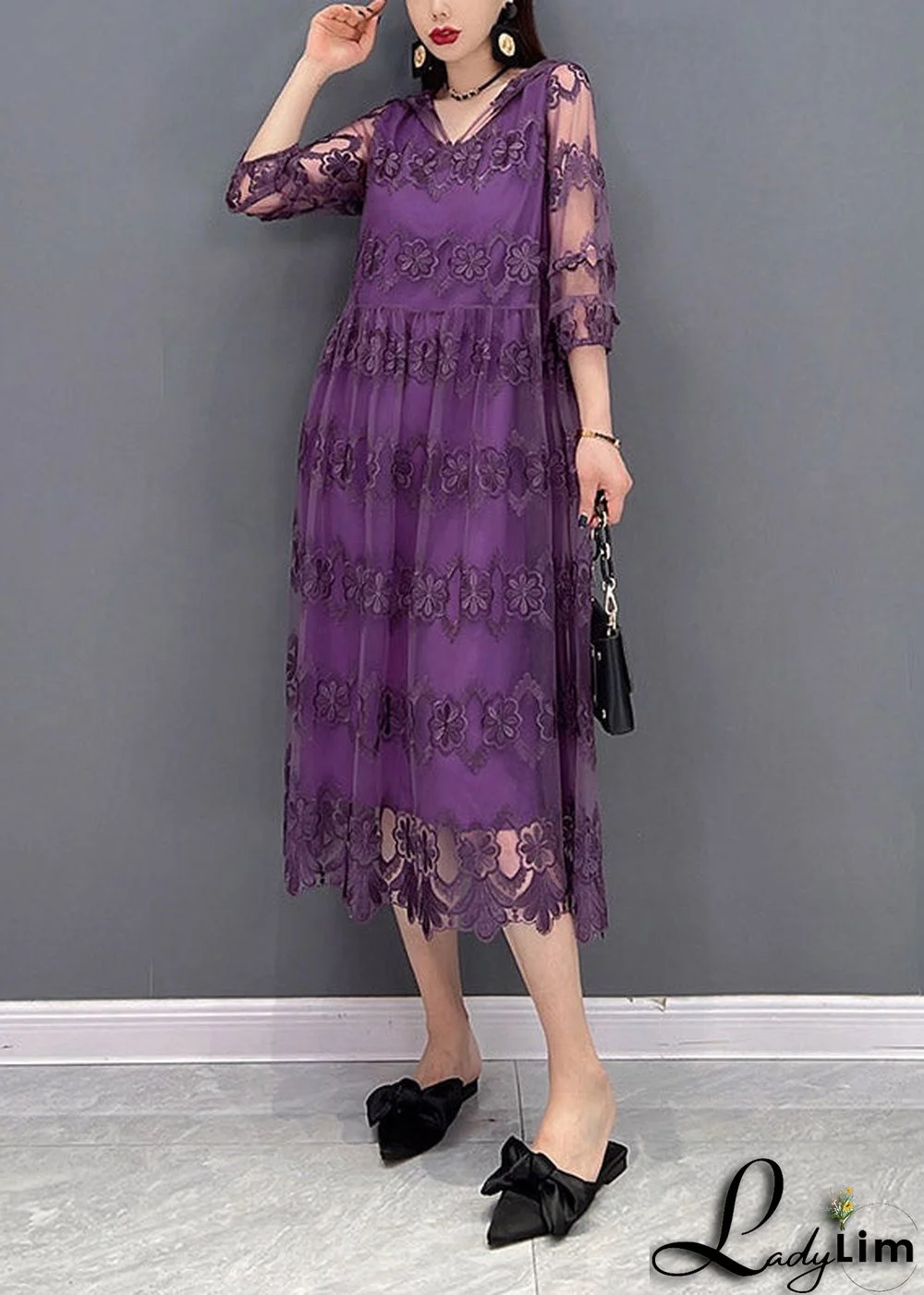 Modern Purple V Neck Embroideried Floral Lace Patchwork Hooded Dress Long Sleeve