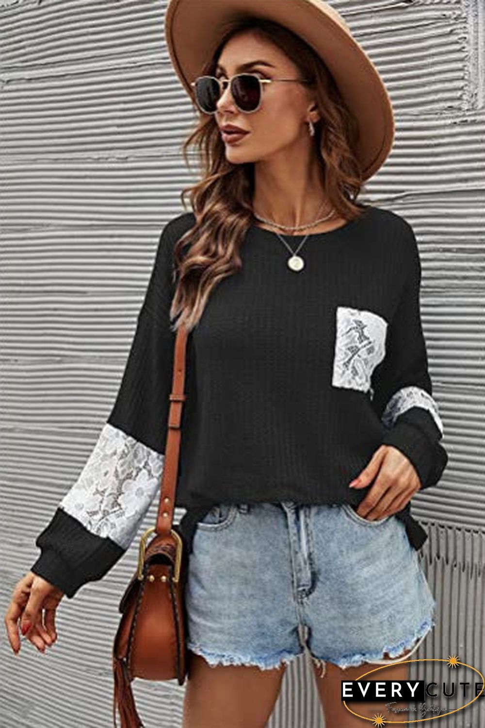 Casual Lace Pocket Round Neck Sweatshirt