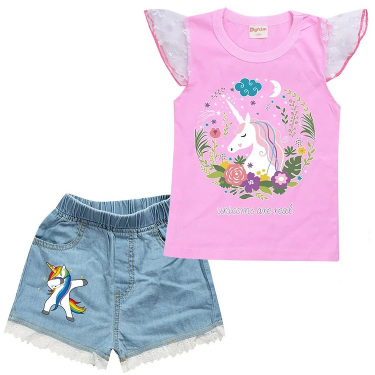 Unicorn Print Girls Lace Trim Cotton Tank Top Denim Shorts Suit Sets-Mayoulove