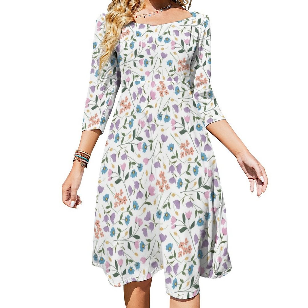 Colorful Modern Spring Wildflowers Pink Girly Dress Sweetheart Tie Back Flared 3/4 Sleeve Midi Dresses