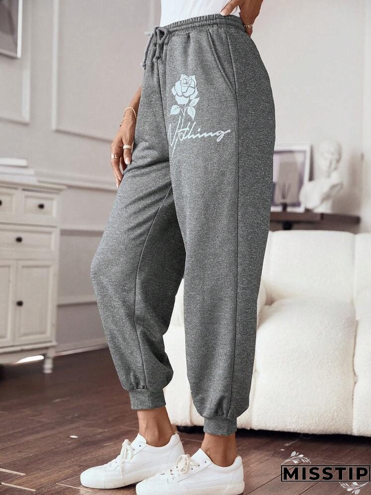Floral & Letter Graphic Drawstring Waist Sweatpants