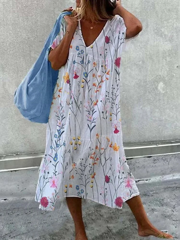Flower Art Print V Neck Midi Dress
