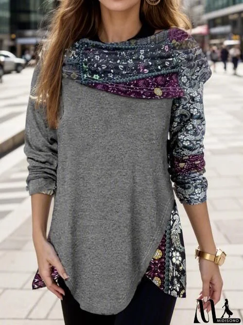 MidiSono - Plus Size Print Patchwork Long Sleeve Blouse