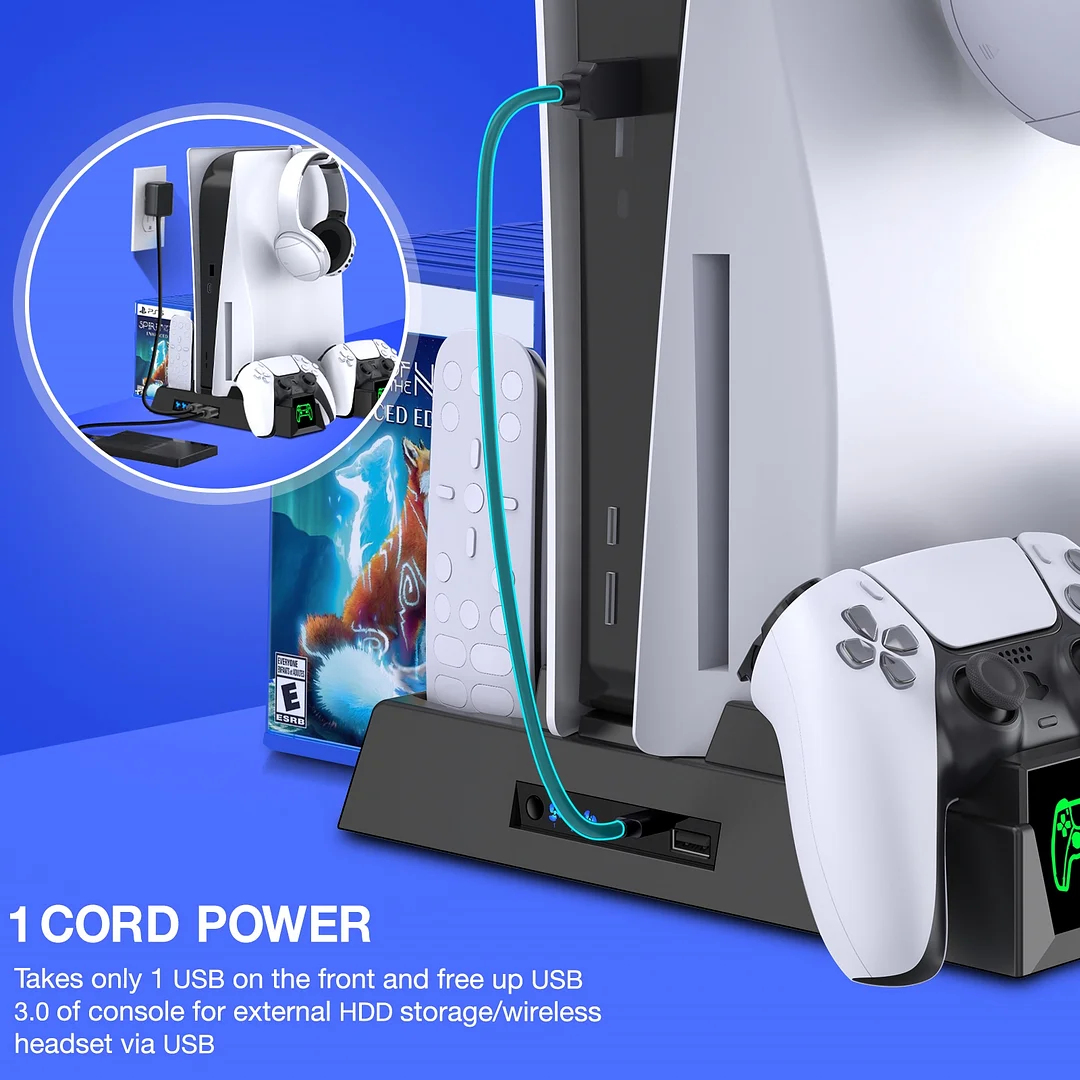 DinoFire Vertical Stand for PS5 with 2 Cooling Fan, Controller Charging Station for PS5 Dualsense/Digital/Disc Edition