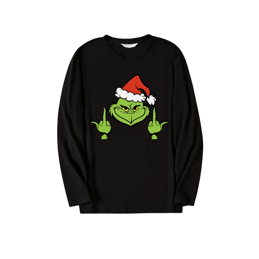 Christmas Cartoon Print Black Long Sleeve Top with Green and Black Plaid Family Matching Pajamas