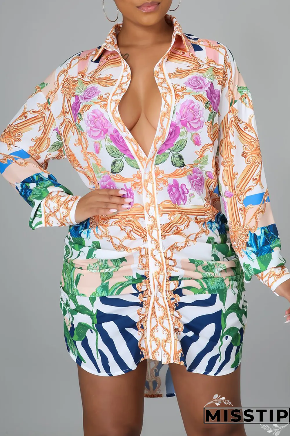 Multicolor Casual Print Patchwork Turndown Collar Shirt Dress Dresses