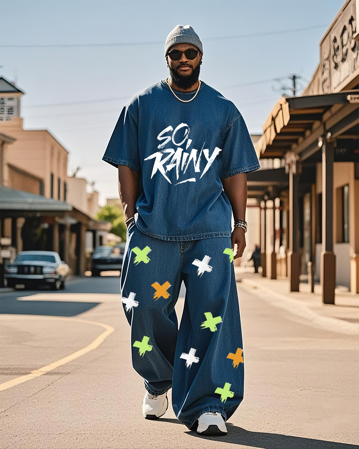 Plus Size Men-water Denim-so Rawy-xx English Print Suit