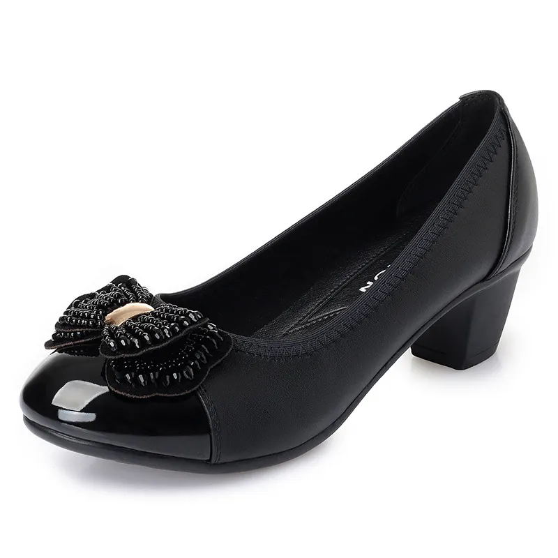 Breakj Breakj Beaded Mother Shoes Soft Soles Single Shoes Thick Heel Lazy Leather Shoes Round Head Working Shoes Heel Women's Shoes