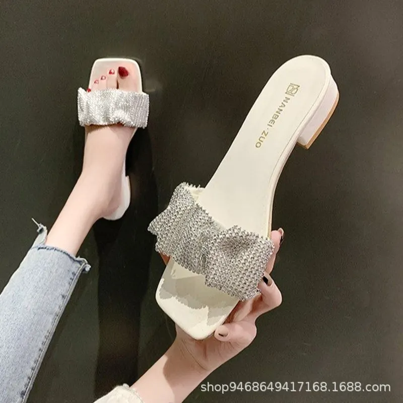 Breakj Breakj Drill Cool Slippers Women Wear 2023 Summer New Fashion Word Drag In The Toe And Coarse Woman Drag