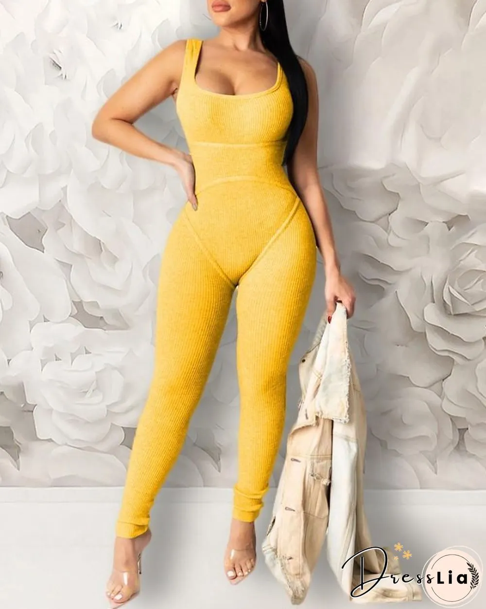Solid U-neck Thick Strap Jumpsuit P15328