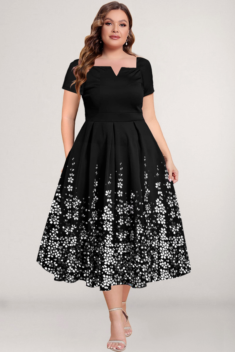 Flycurvy Plus Size Casual Black Ombre Floral Print Pocket Tea-Length Dress 2024 - Flycurvy 