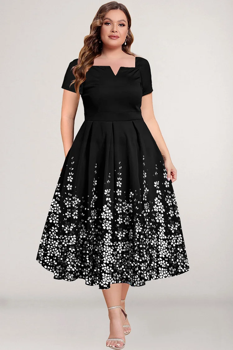 Flycurvy Plus Size Casual Black Ombre Floral Print Pocket Tea-Length Dress  Flycurvy [product_label]