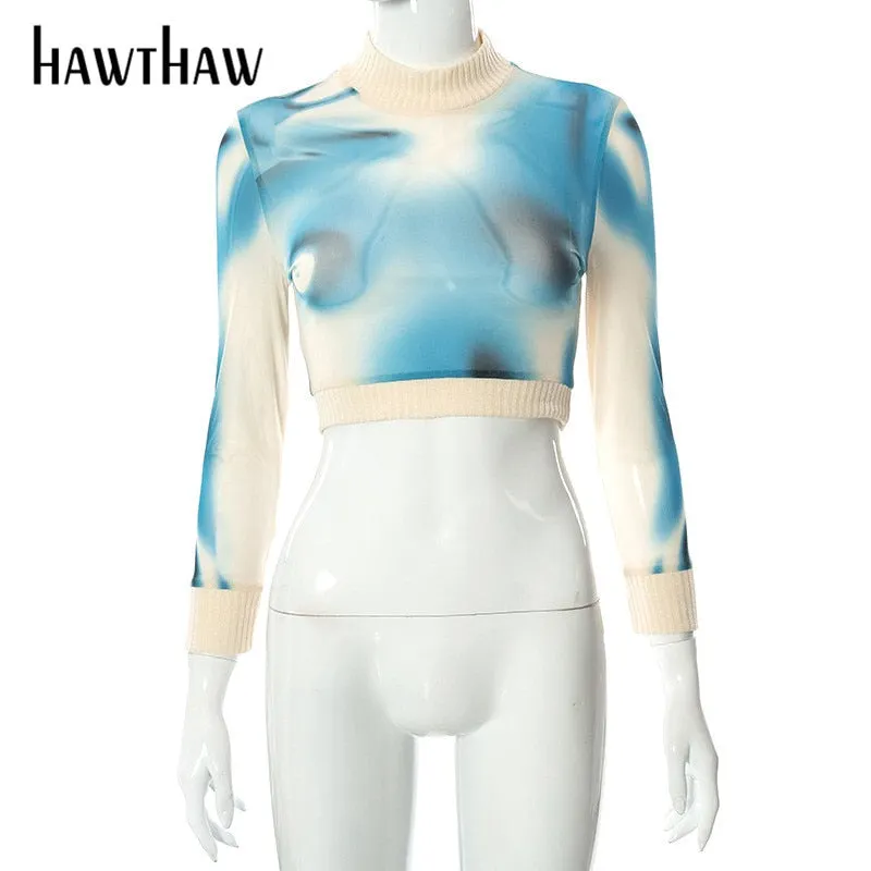 Hawthaw Women Fashion Autumn Winter Long Sleeve Printed Mesh Kntted T Shirt Crop Tops Pullover 2021 Fall Clothes Wholesale Items