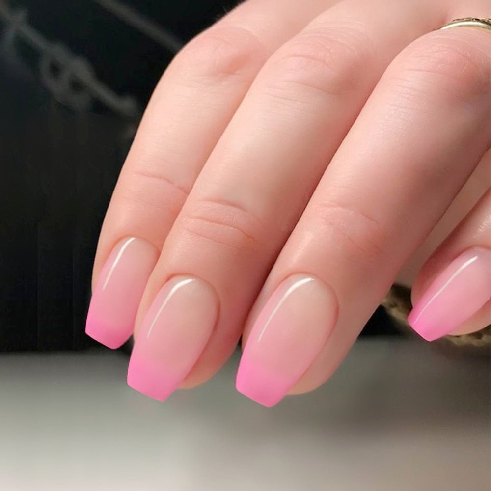 24Pcs Shiny Natural Press On French Fake Nails Artificial Gradient Pink Short Ballerina Coffin False Nail DIY Manicure Tool