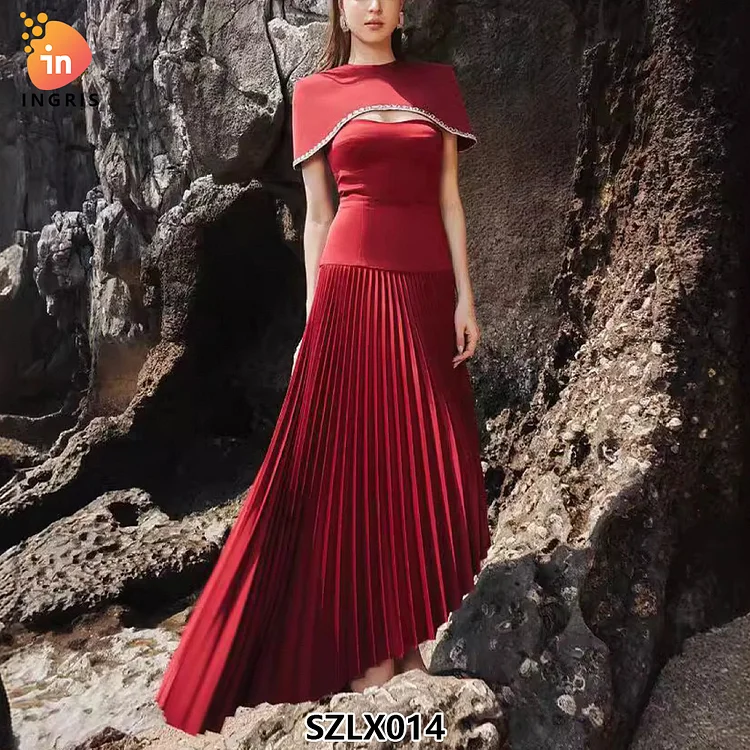 Vietnam Niche Design Beaded Rhinestone Cape Halter Long Dress Elegant Red Dress Sexy Party Ladies Suit-SZLX014