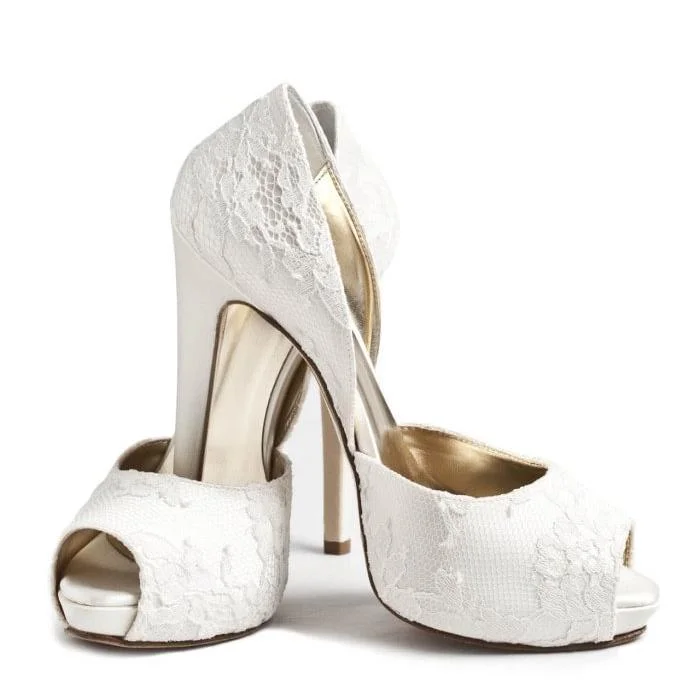 White Lace Bridal Shoes Peep Toe Platform Heels Double D'orsay Pumps |FSJ Shoes