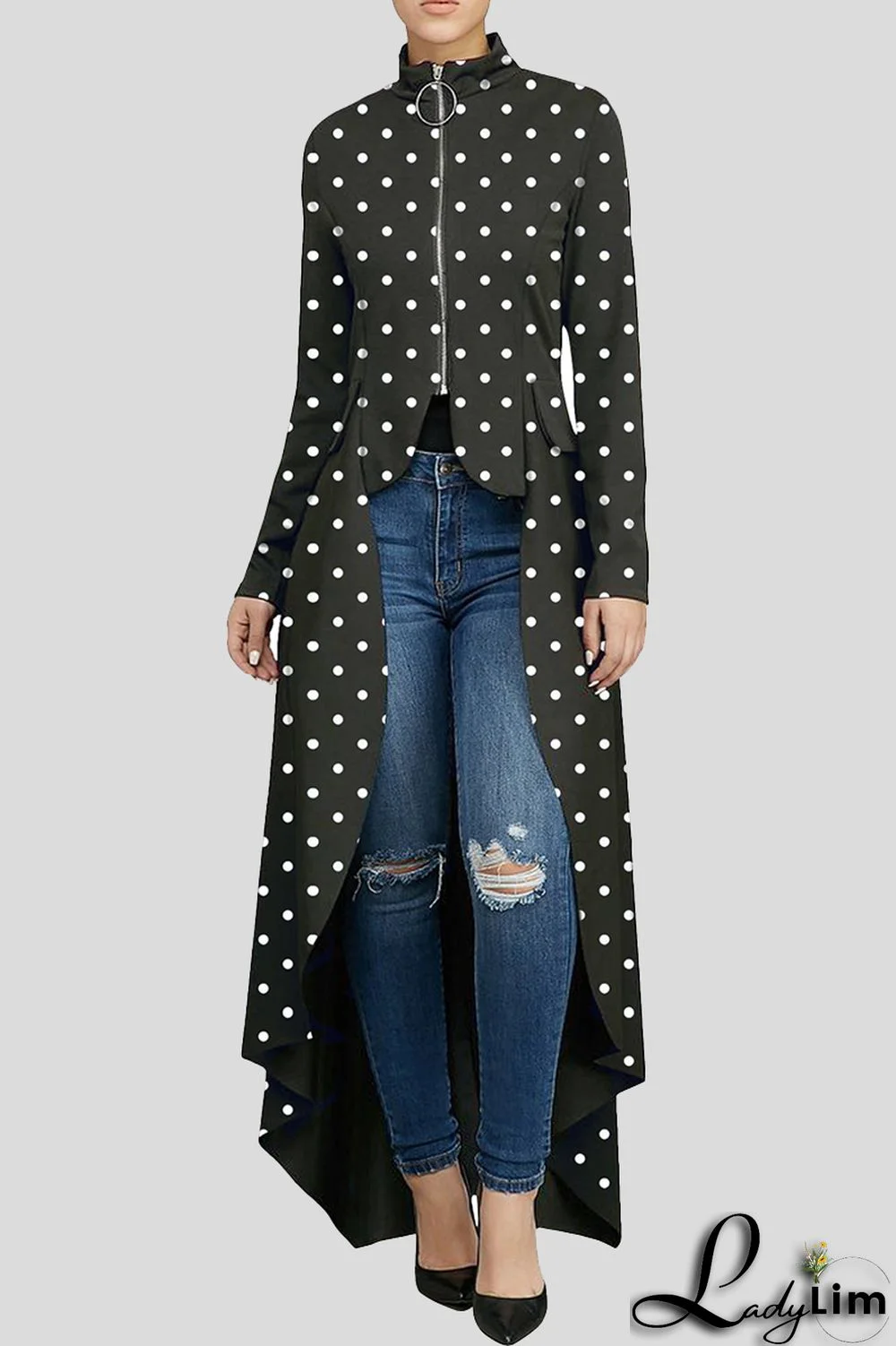 Black Fashion Casual Dot Print Asymmetrical Outerwear