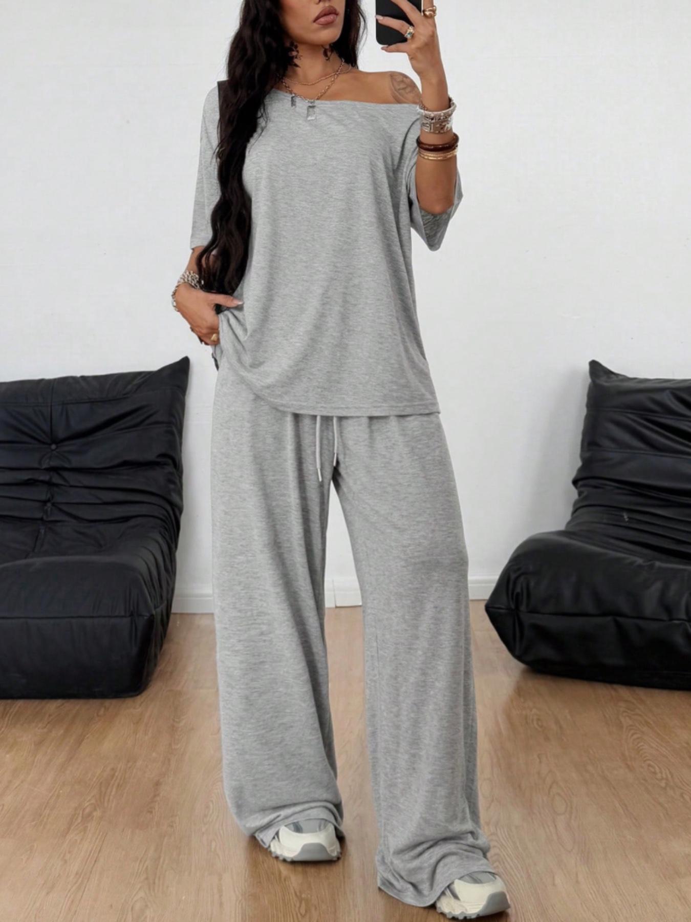 2pcs/Set Women's Minimalist Basic Casual Daily Wear Everyday Going Out Sport Comfortable Baggy Off Shoulder T-Shirt And Wide Leg Pants Two Pieces Outfits