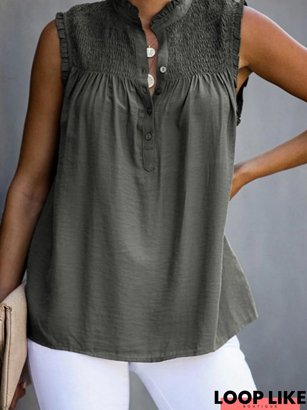 Sleeveless Turtleneck Button-Ruffled Loose Casual Shirt