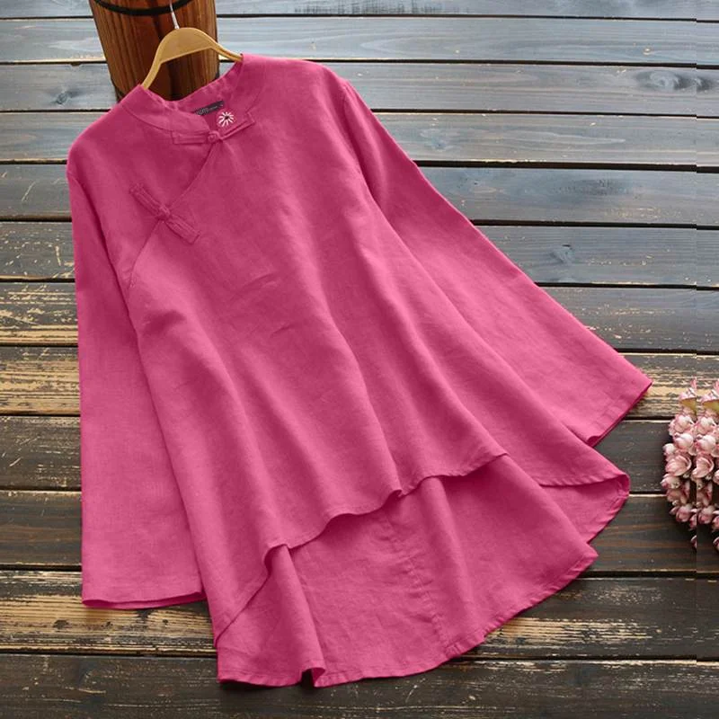 Spring Vintage Long Sleeve Blouse 2022 ZANZEA Women Asymmetrical Tops Casual Solid Cotton Shirt Femme Loose Blusas