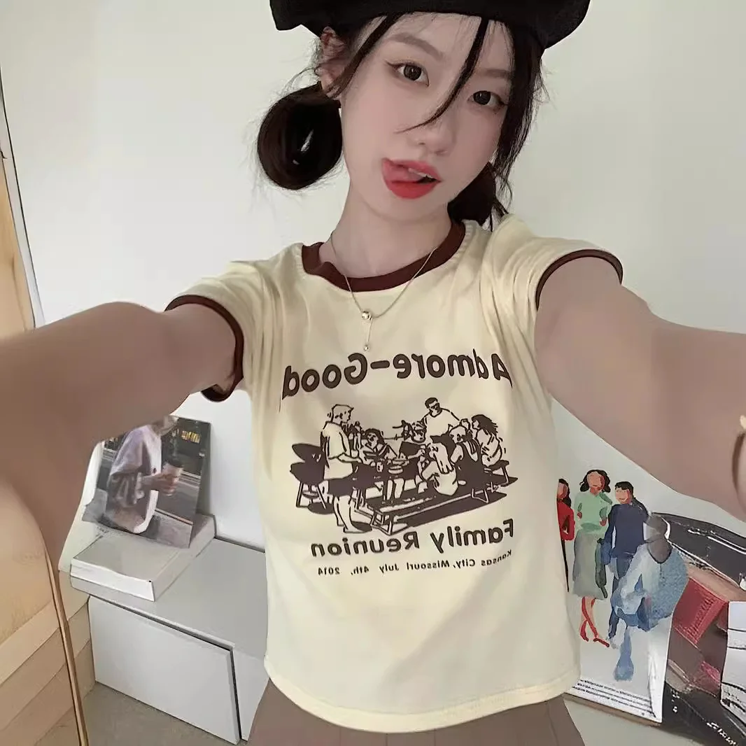 Uveng Uveng And Spicy Wind Letter Print T-Shirt Female 2024 Summer Slim Slim Short Color Round Collar Short-Sleeved Student Jacket