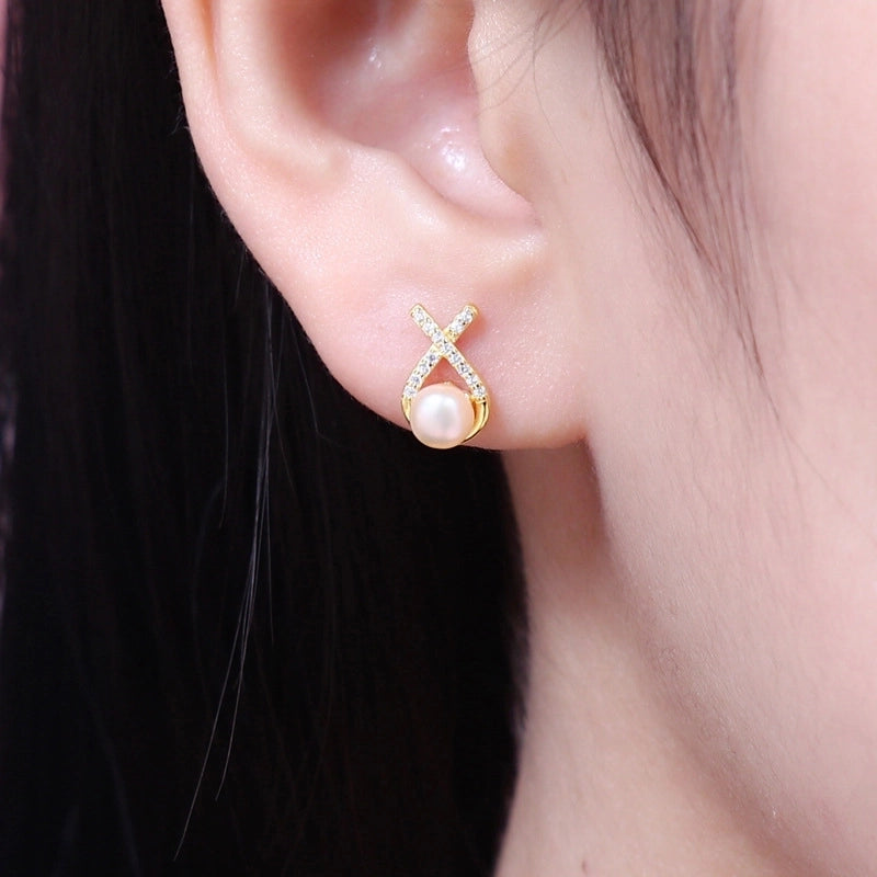 1 Pair 925 Sterling Silver Pearl Geometric Ear Studs