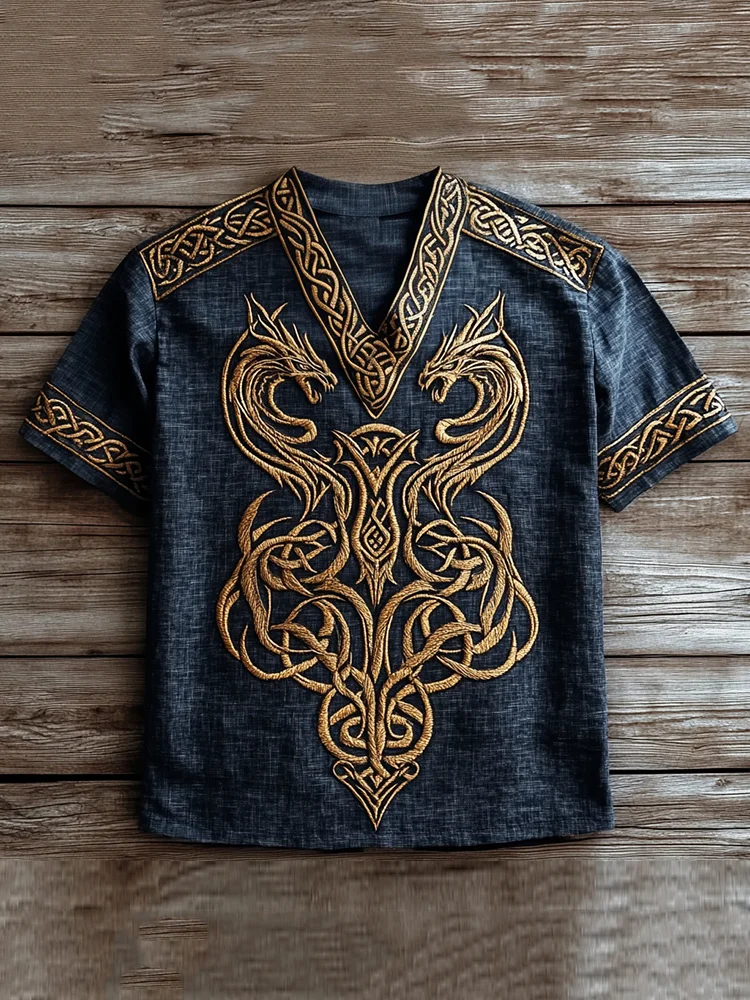 Men's Viking Tribal Dragon Celtic Art Linen V-neck T Shirt / Rvogue / Rvogue
