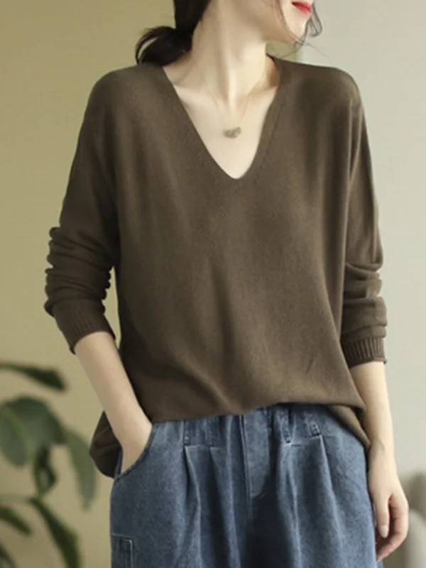 Solid Color Loose Long Sleeves V-Neck Sweater Tops