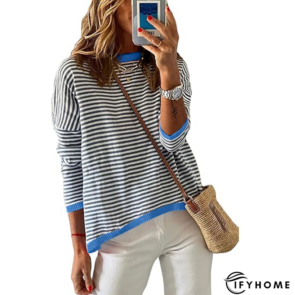 Casual Striped Long Sleeve Round Neck Tunic Sweater Knit Jumper | IFYHOME