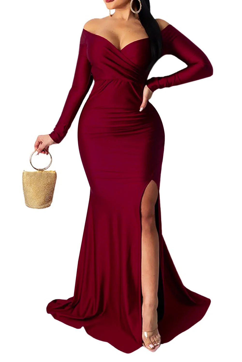 Women Wine Red Off Shoulder Side Split Bodycon Prom Dress