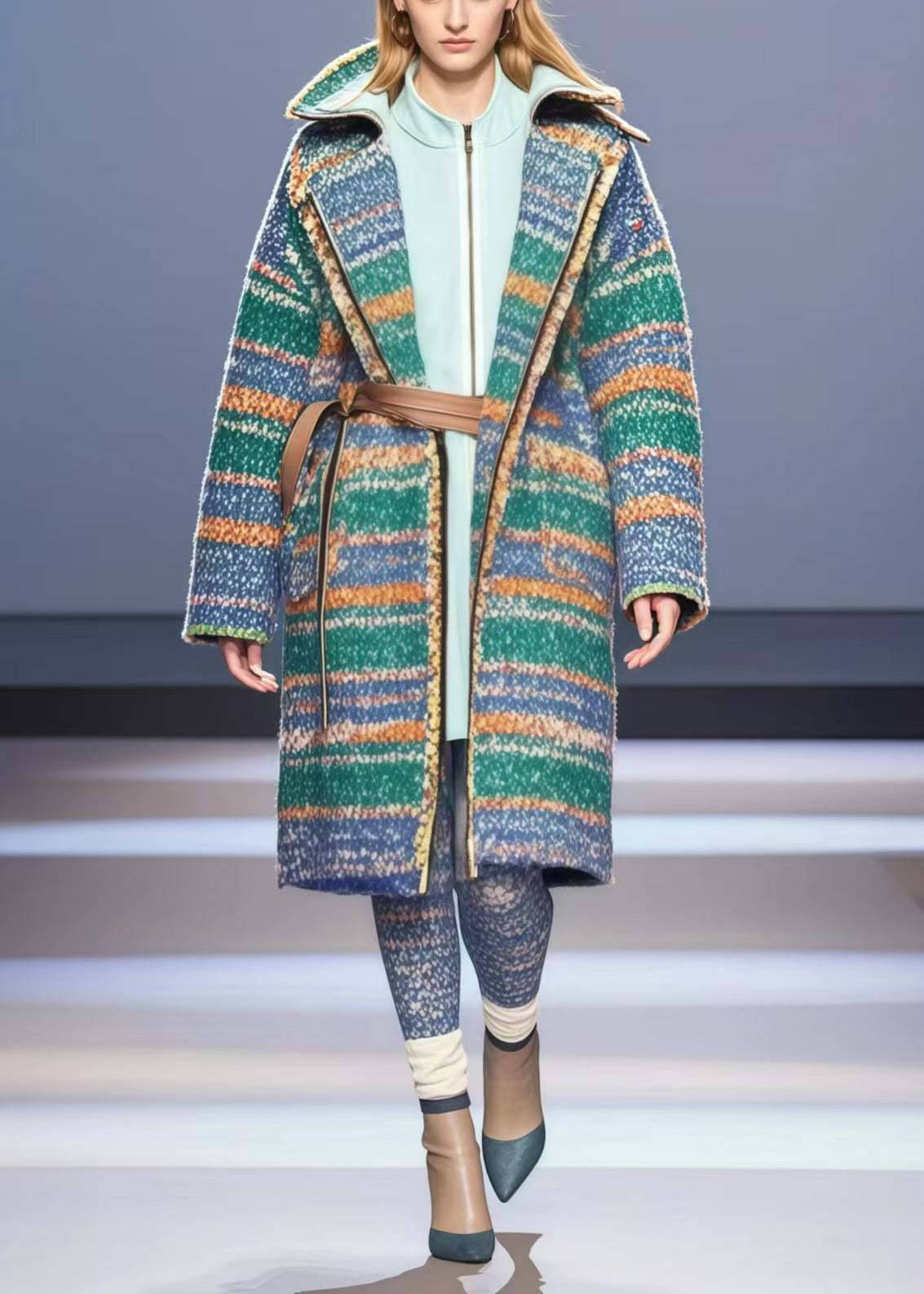 VCSHOES Colorblock Oversized Striped Woolen Trench Fall