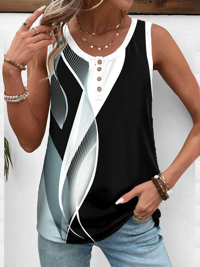 Women Sleeveless Scoop Neck Striped Colorblock Printed Graphic Button Tops