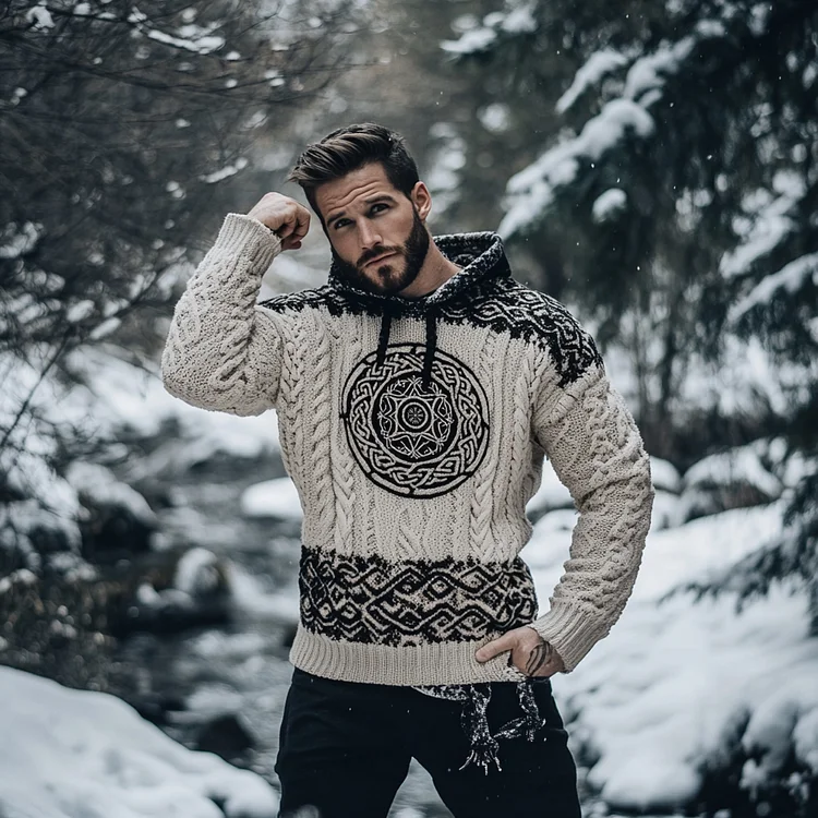 Men's Viking Tribal Wolf Jacquard Celtic Inspired Chunky Knit Hooded Sweater