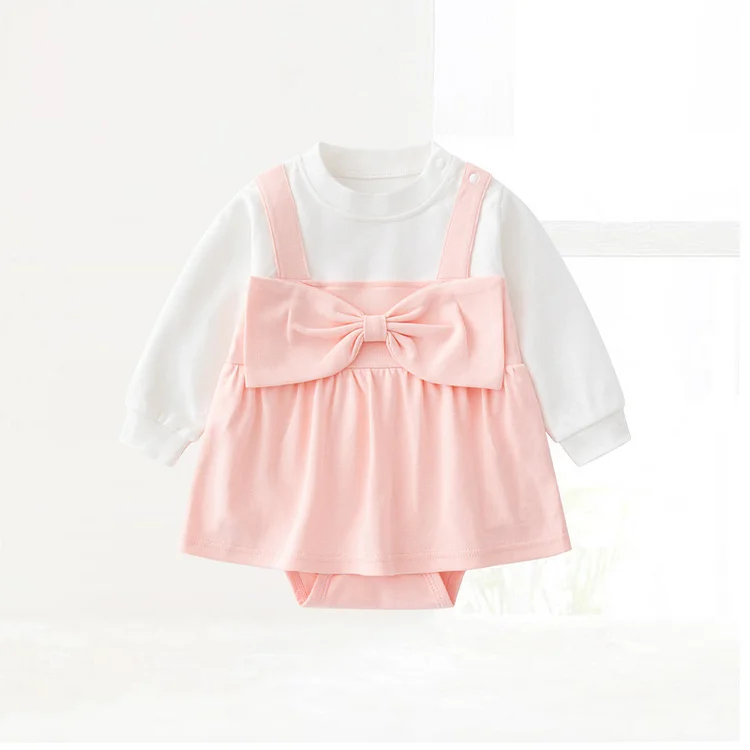 Baby Newborn Girl Mock Two-Piece Sling Bow Dress Bodysuit