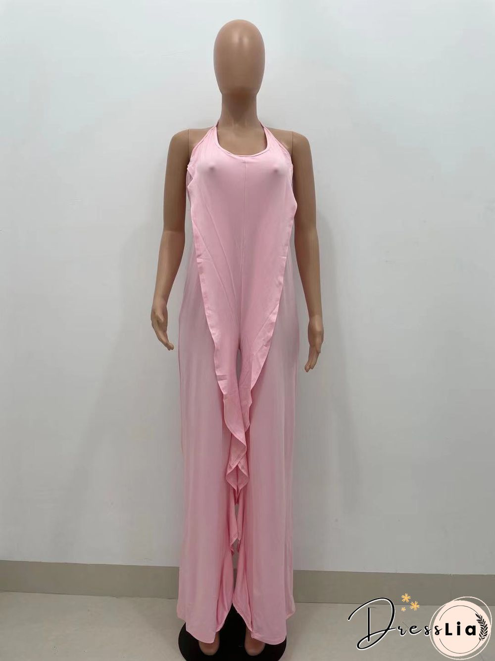 Casual Solid Color Sleeveless Ruffle Halter Lace Up Party Club Summer Plus Size Loose Wide Leg Jumpsuits