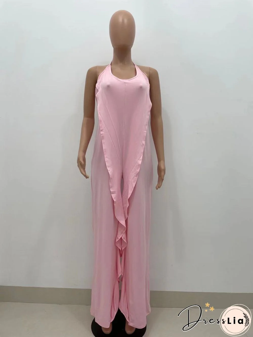 Casual Solid Color Sleeveless Ruffle Halter Lace Up Party Club Summer Plus Size Loose Wide Leg Jumpsuits
