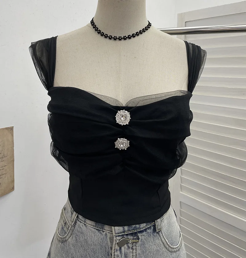 Nigikala Nigikala Shooting Net Red Pure Lust Folding Net Yarn Splicing Sling Sling Vest Bratie Short Sleeveless Top 8039