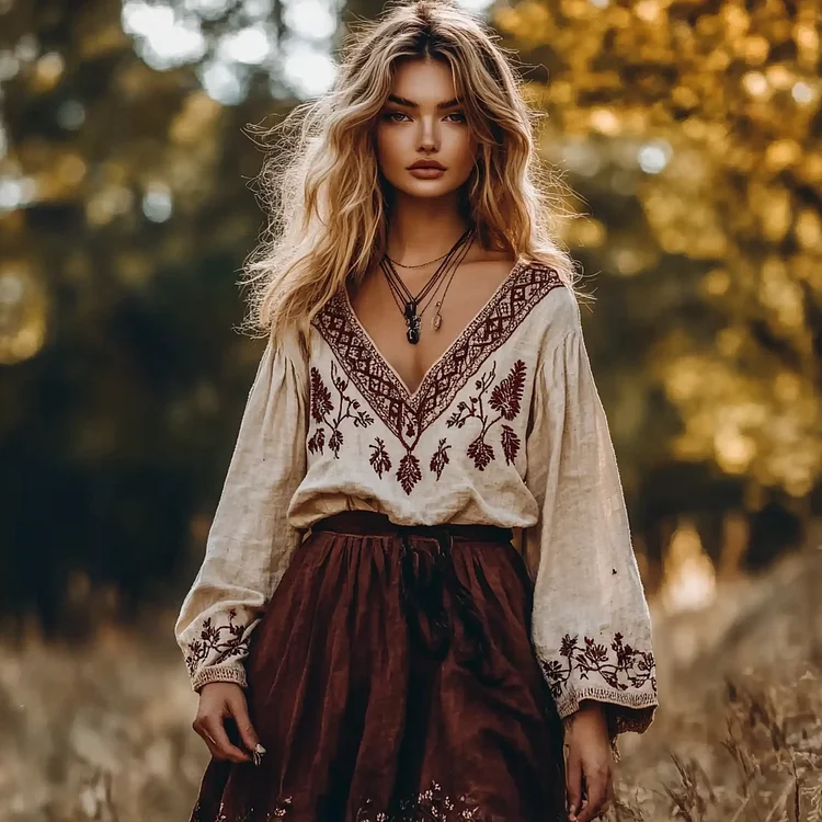 Fashionable Purple Thistle Embroidery Art Linen V-neck Shirt