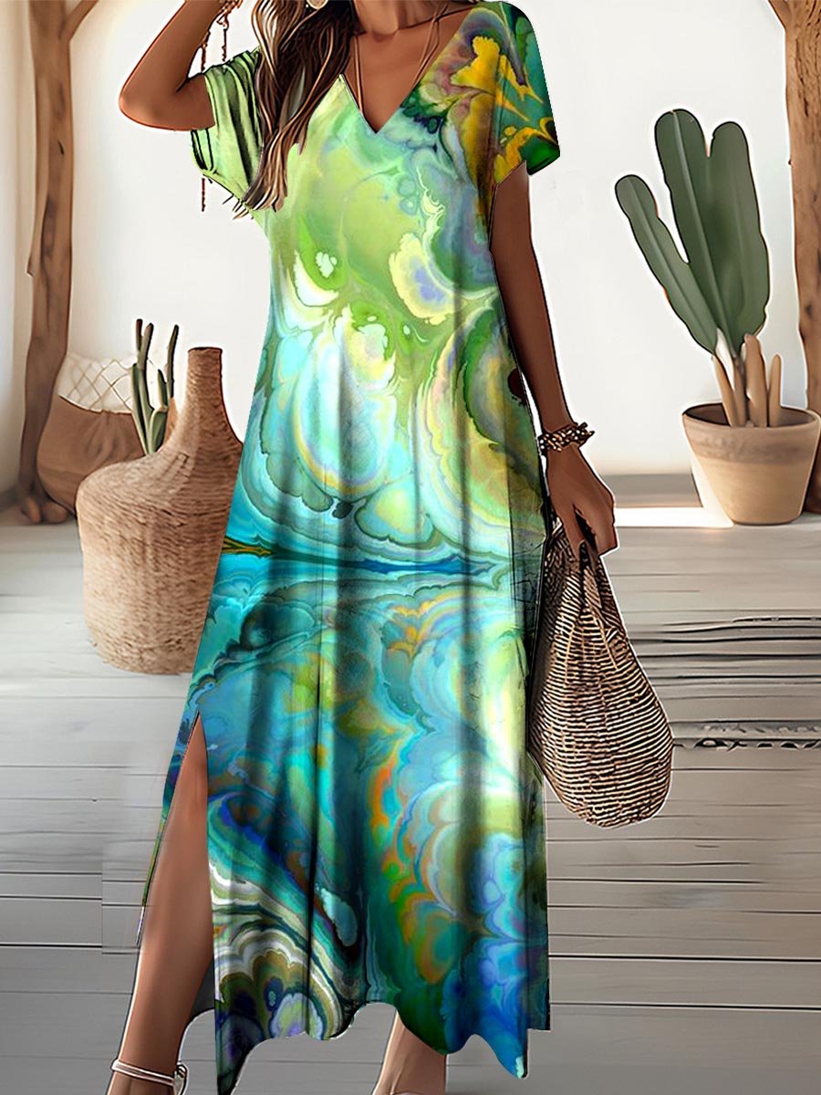 Women's Color Art Inkjet Seaside Resort V-neck Dress