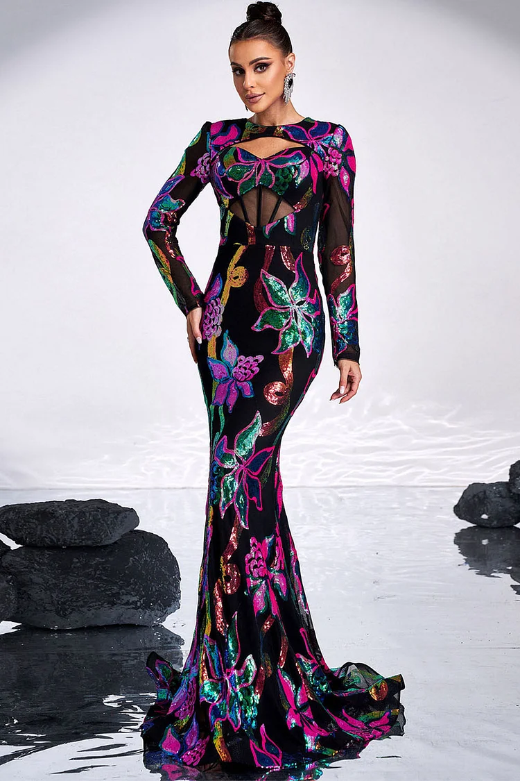 Colorful Sequin Floral Boned Mermaid Maxi Dress-Black