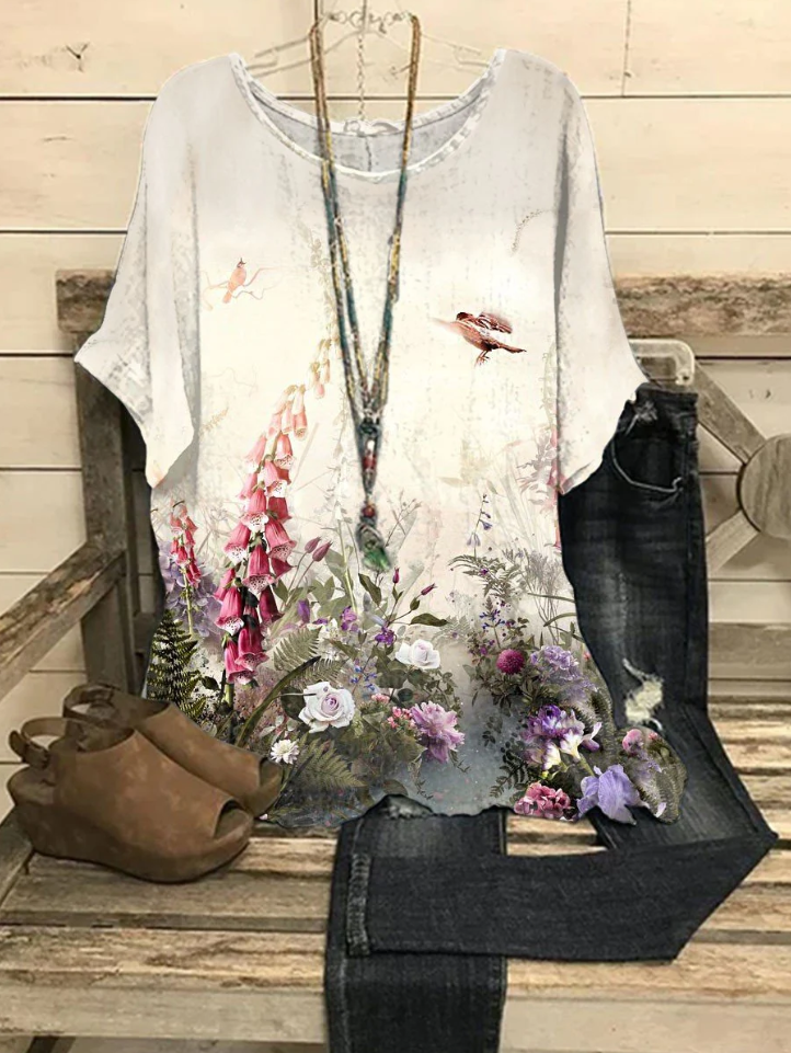 Floral And Bird Landscape Printed Women's Top