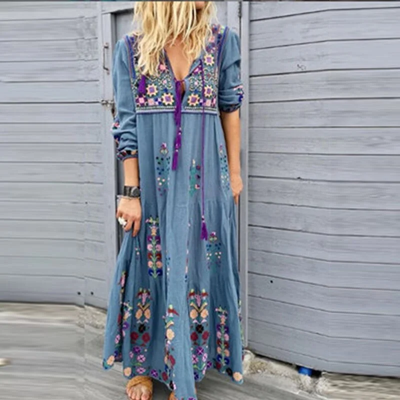 Plus Size Womens Long Sleeve Print Dress Autumn V Neck Drawstring Maxi Dresses Boho Ladies Casual Loose Ankle-length Sundress