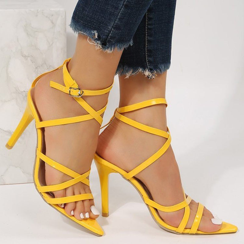 Hollow heel sandals sexy pointed peep toe ankle strap strappy sandals