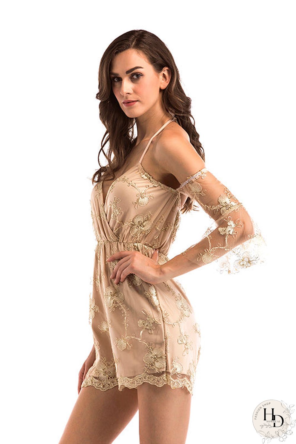 V-neck Embroidered Halter Off-the-shoulder Romper With Half Sleeves