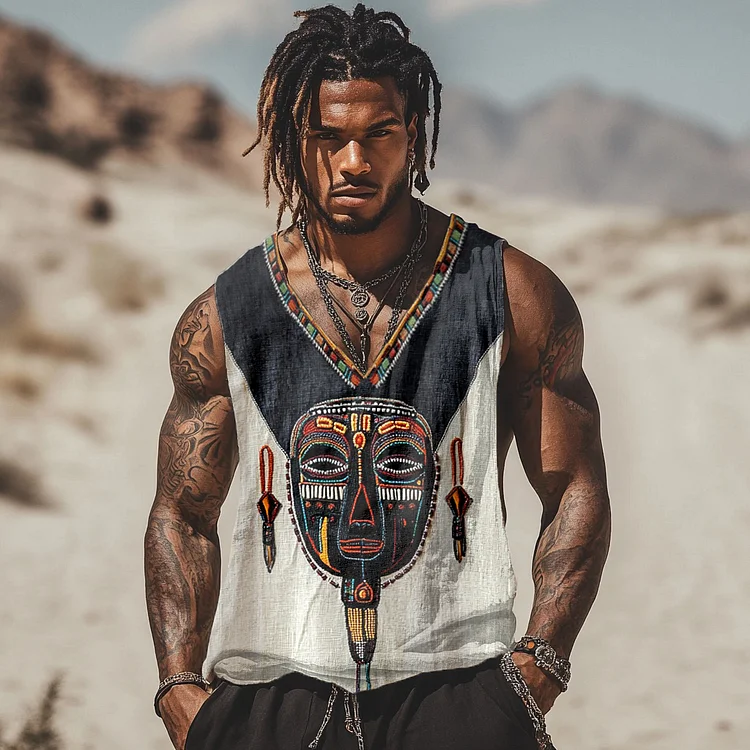 Men's Tribal African Masks Art Linen Tank Top