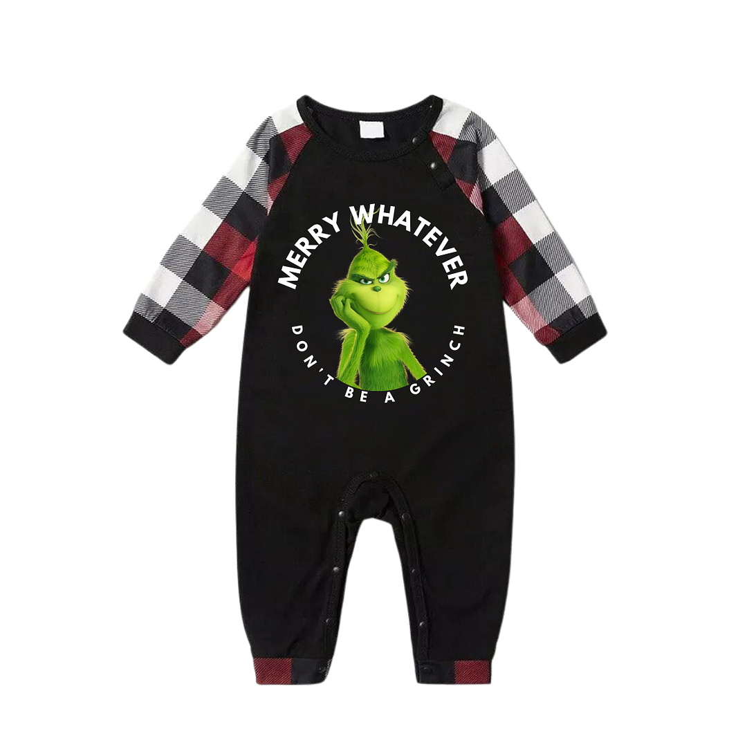 Cartoon Pattern and Christmas Slogan Printed Contrast Black Top Red&Black&White Plaid Pants Family Matching Pajamas